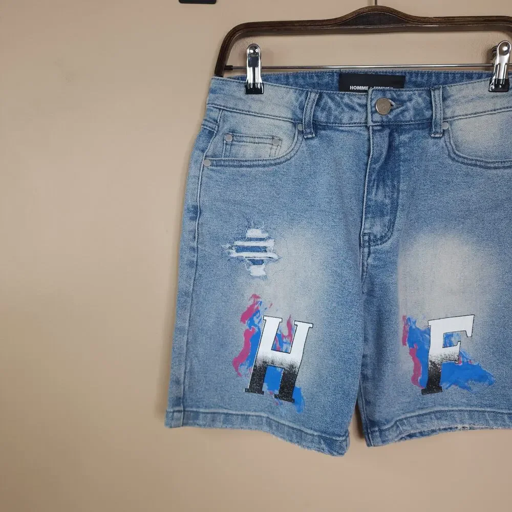 Homme + Femme Hand Paint Logo Distressed Denim Jean Shorts With Rips Size 30